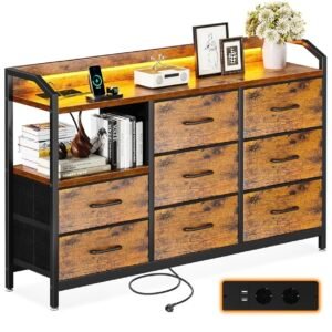 ODK Commode Chambre Adulte, Commode Salon avec Bandes LED Réglables en 10 Couleurs, 2 Prises USB et 2 Prises Secteur