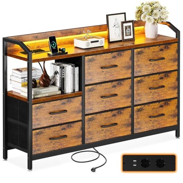 ODK Commode Chambre Adulte, Commode Salon avec Bandes LED Réglables en 10 Couleurs, 2 Prises USB et 2 Prises Secteur