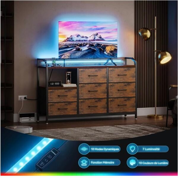ODK Commode Chambre Adulte, Commode Salon avec Bandes LED Réglables en 10 Couleurs, 2 Prises USB et 2 Prises Secteur