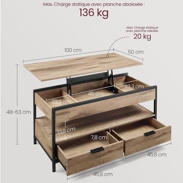VASAGLE Table Basse, Table de Salon avec Plateau Relevable, Tiroirs de Rangement...